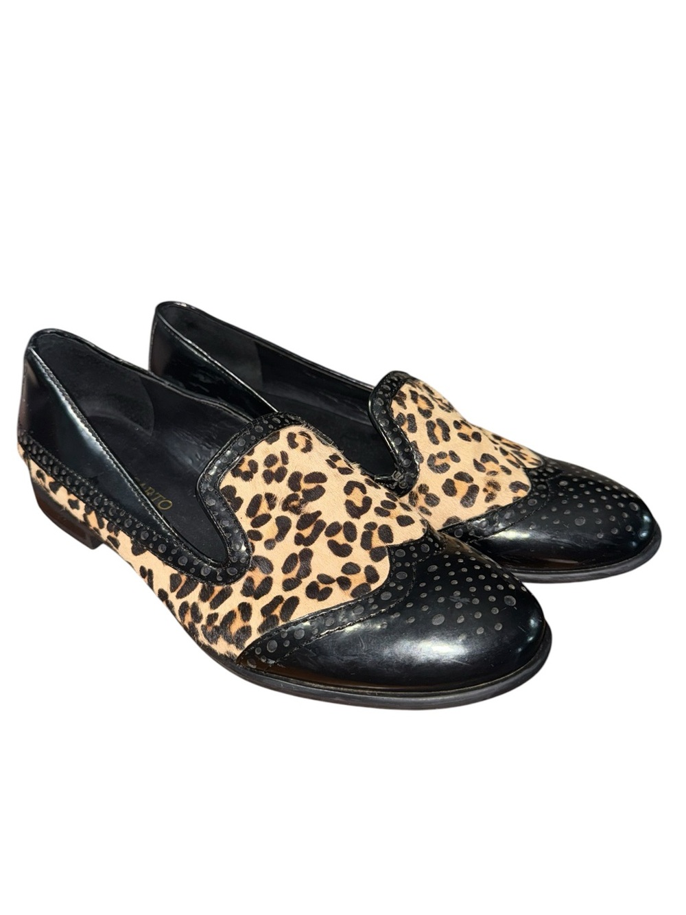 Franco Sarto Leopard Calf Hair Wingtip Loafers Flats Black Women’s 8.5